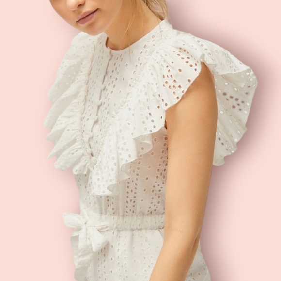 Urban Outfitters Magnolia Eyelet Ruffle Jumpsuit Size Medium White OB974249 - Picture 5 of 15